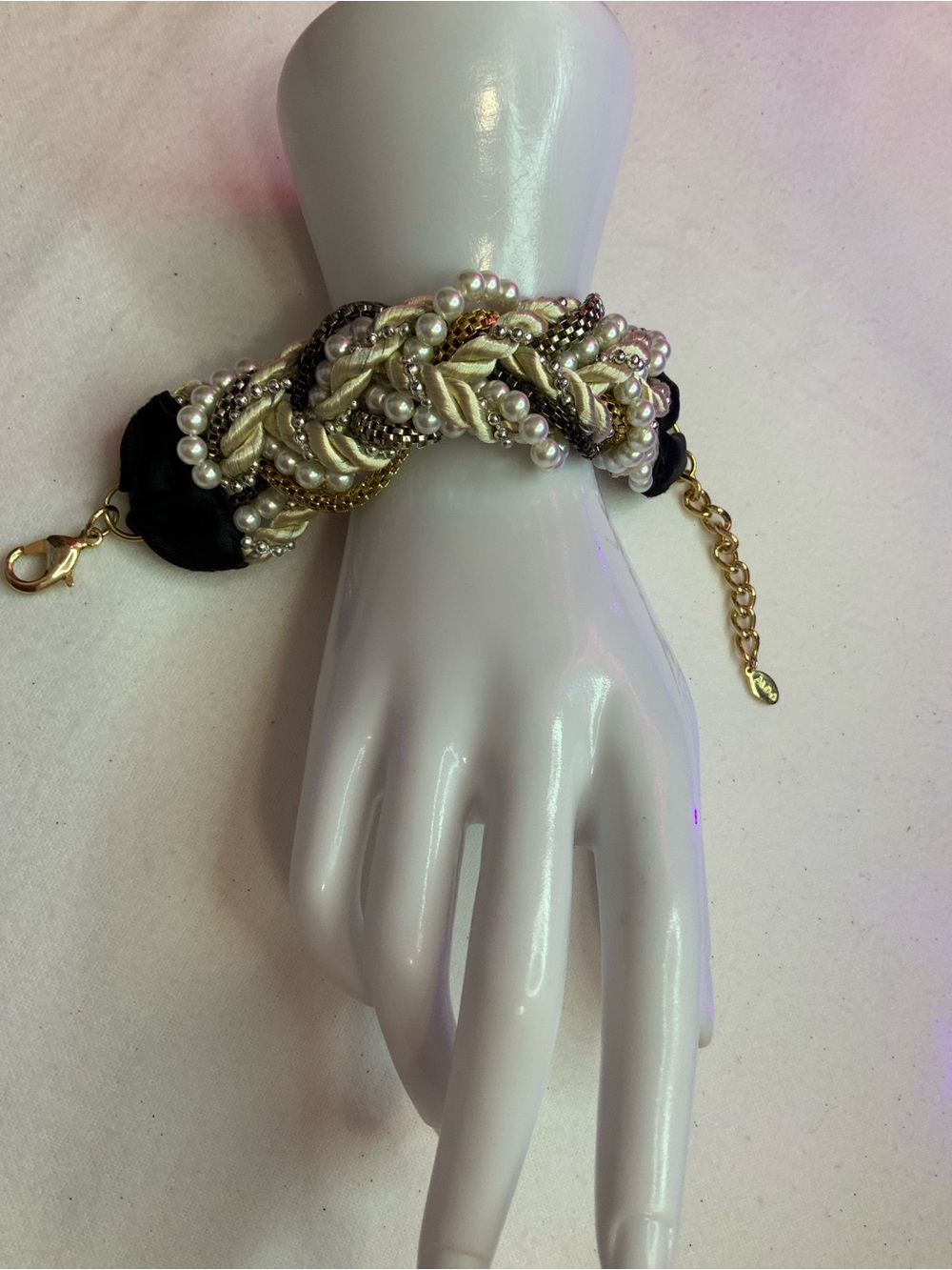 Aldo Black, Cream and Gold Tone  Braided faux Pearl Bracelet (Z-25)